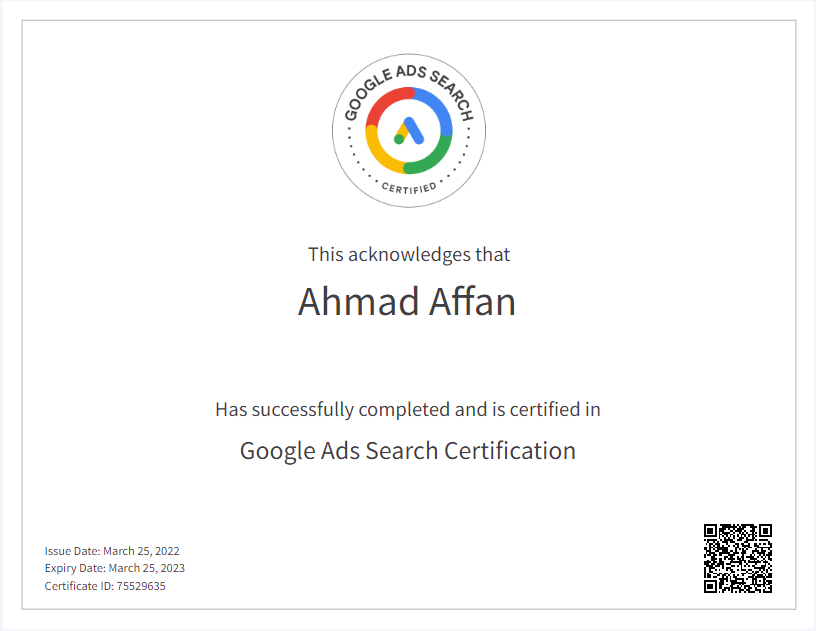 Certified Google Ads Professional Ahmad Affan